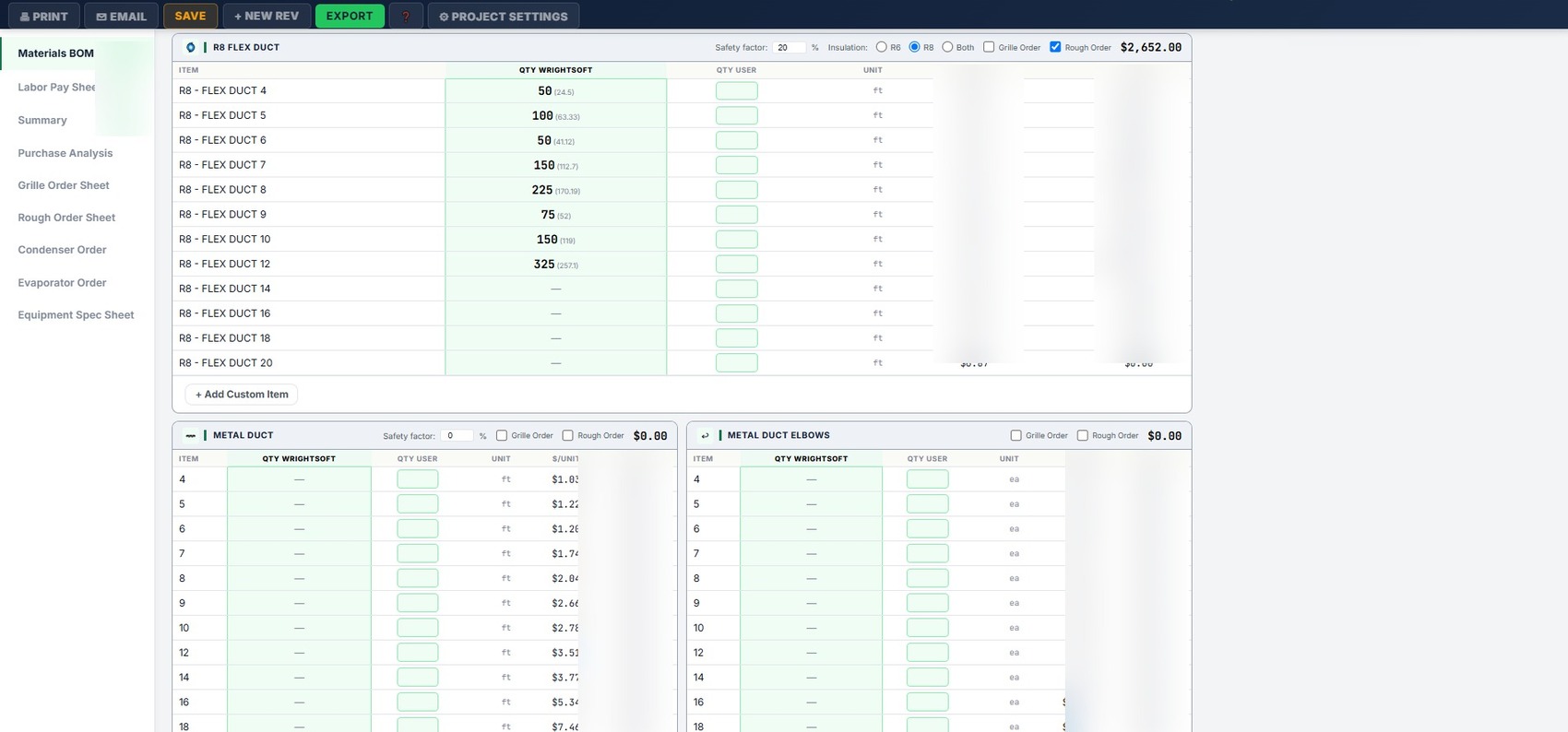 Materials list from the AG3 Estimating Platform